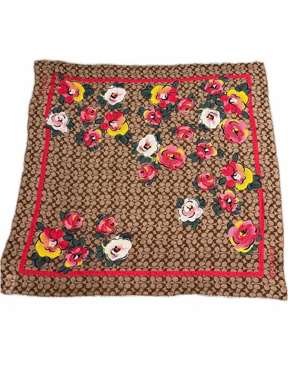 Coach Signature Vintage Rose Print Oversized Square Scarf Khaki Pink Floral 44"